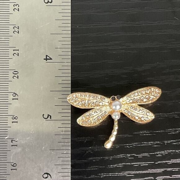 Gold-Tone Rhinestone & Faux Pearl Dragonfly Brooch - Picture 2 of 4